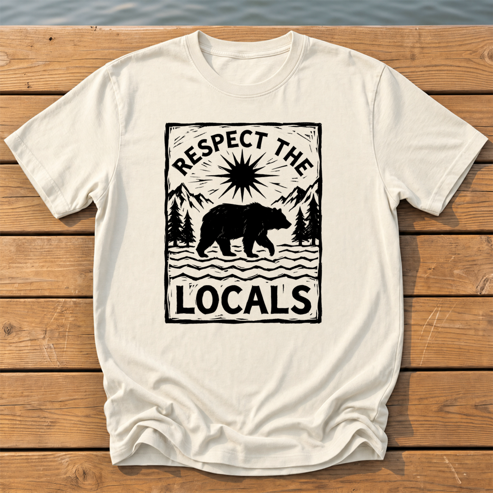 respect the locals bear_rough brush linocut T-Shirt — Ivory