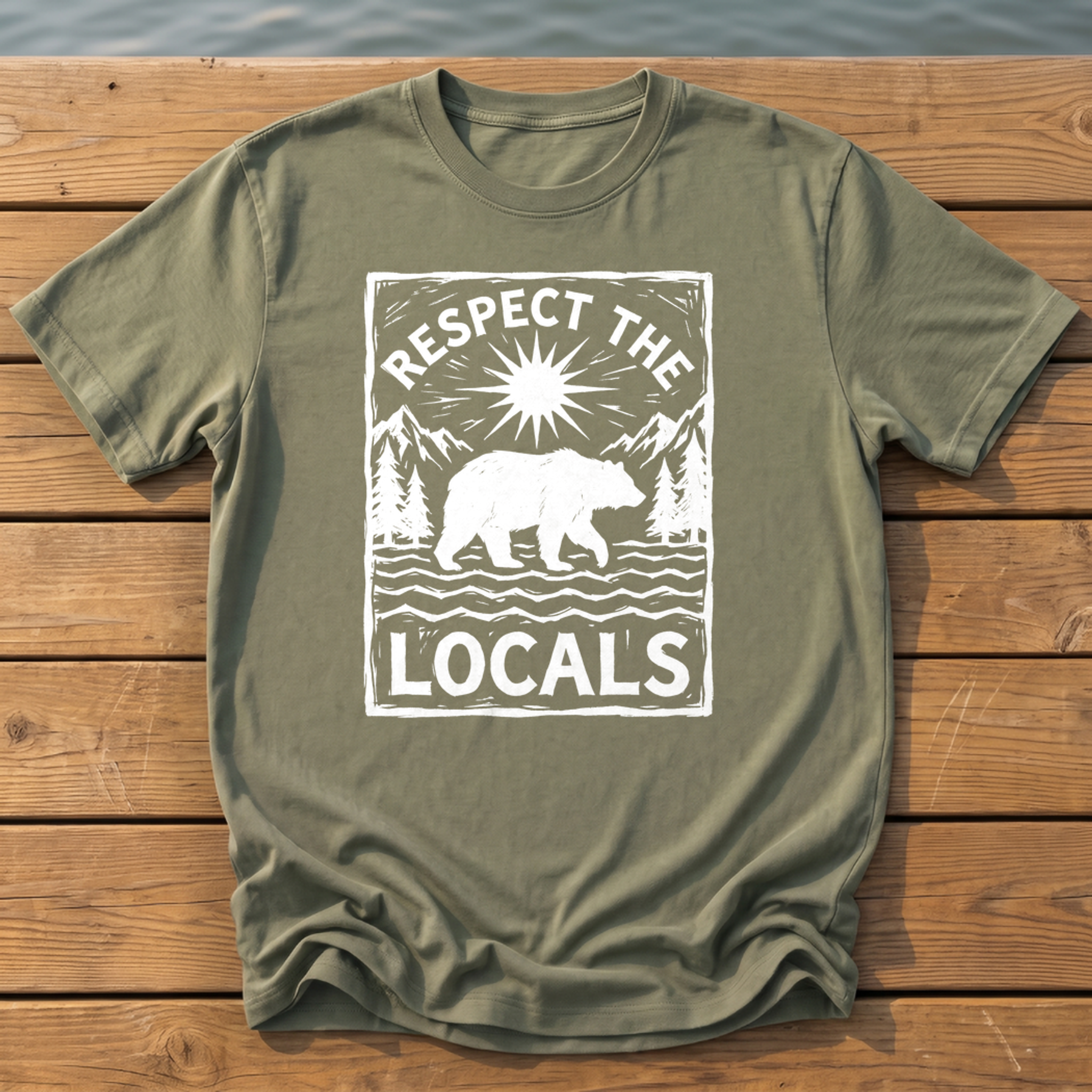 respect the locals bear_rough brush linocut T-Shirt — Moss