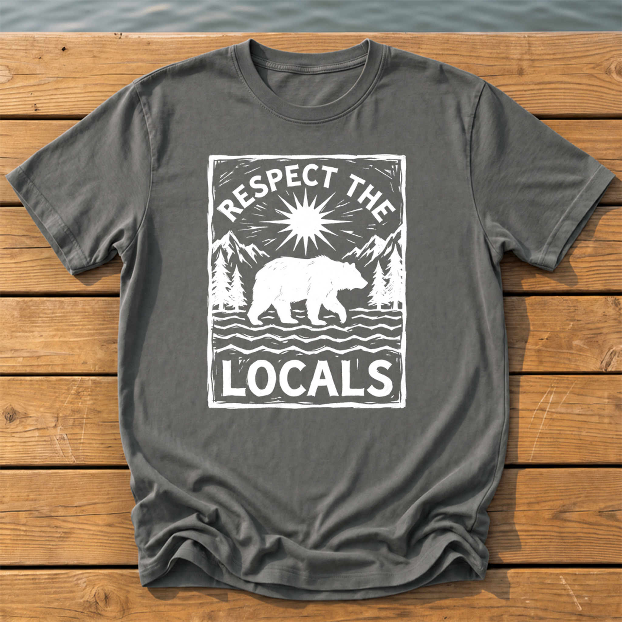 respect the locals bear_rough brush linocut T-Shirt — Pepper