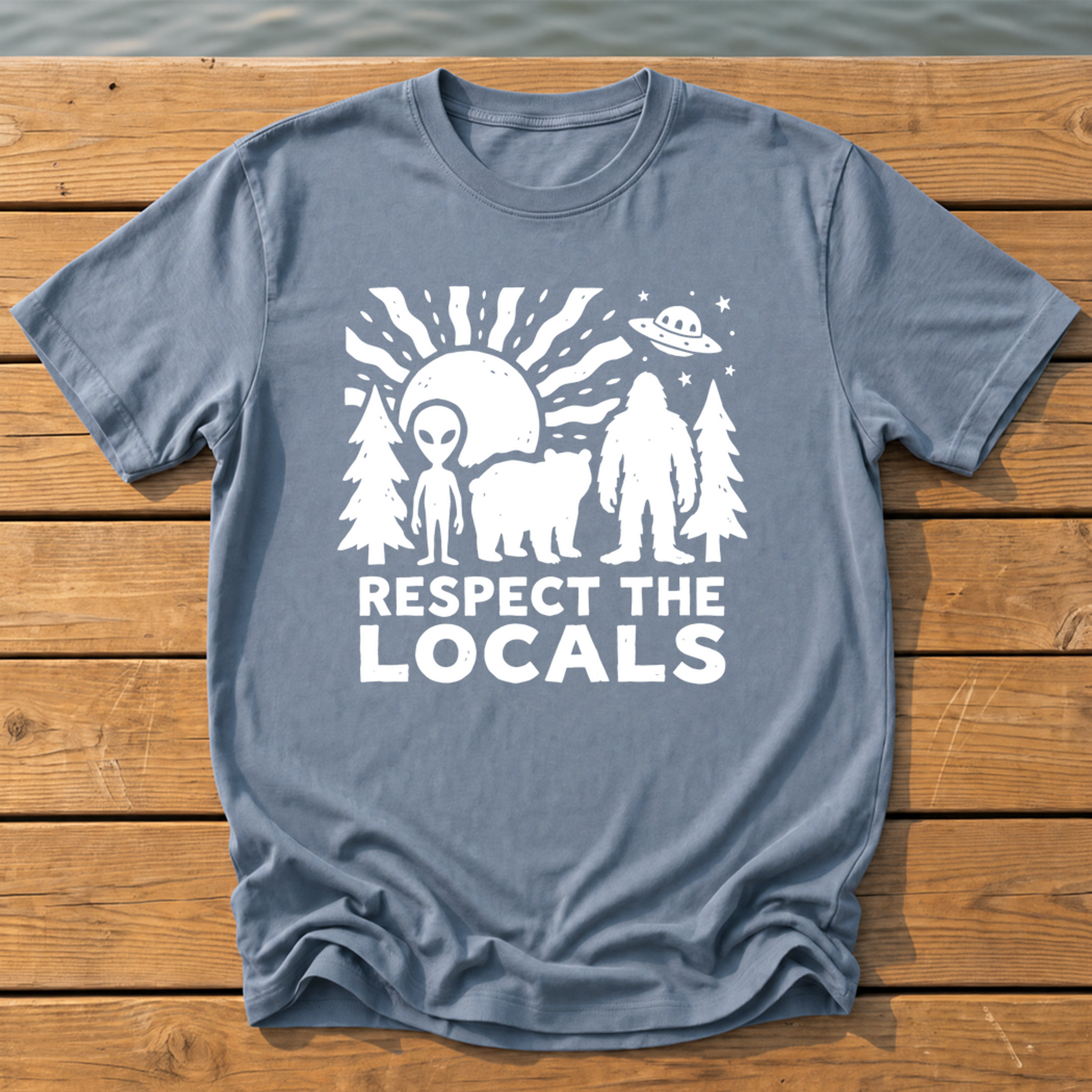 respect the locals cryptids_bold folk cutout_nano banana pro 0 T-Shirt — Blue Jean