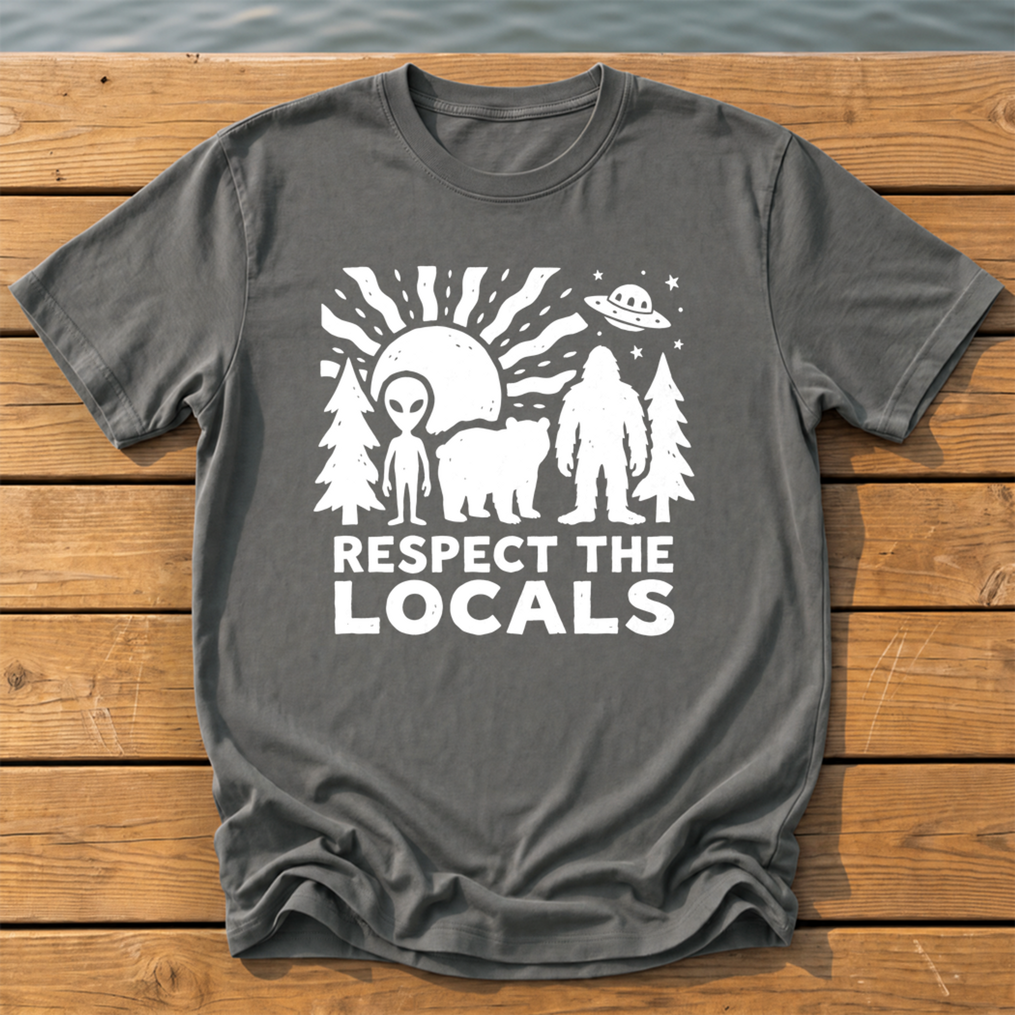 respect the locals cryptids_bold folk cutout_nano banana pro 0 T-Shirt — Pepper