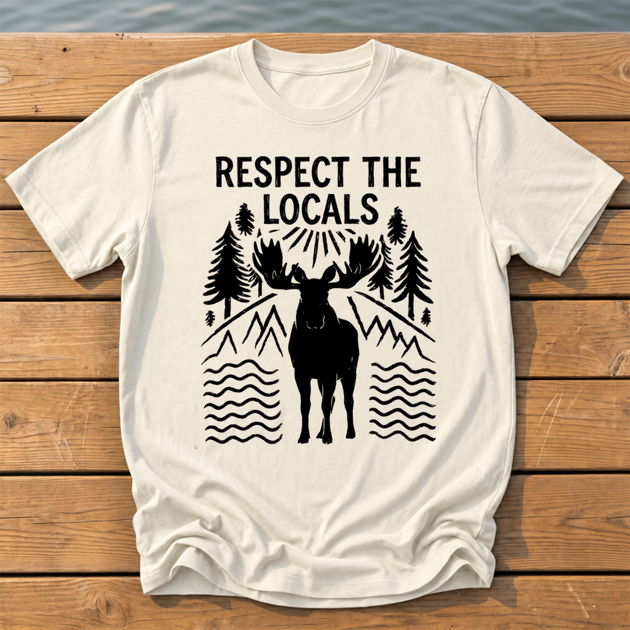 respect the locals moose_rough brush linocut T-Shirt — Ivory