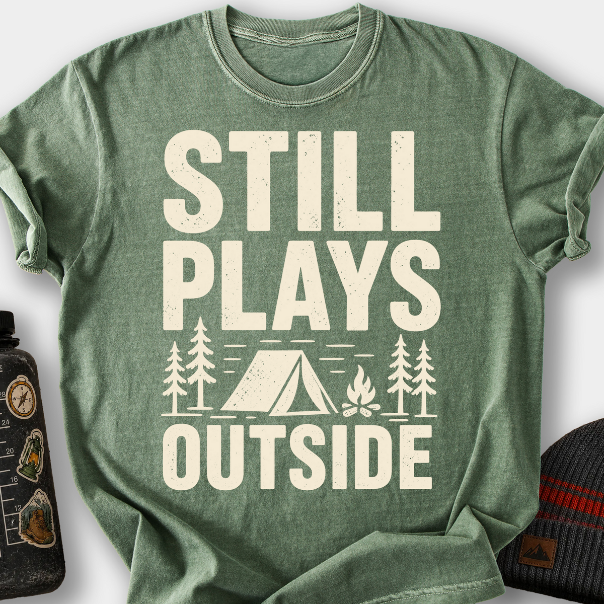 Still Plays Outside (Camping) T-Shirt — Moss
