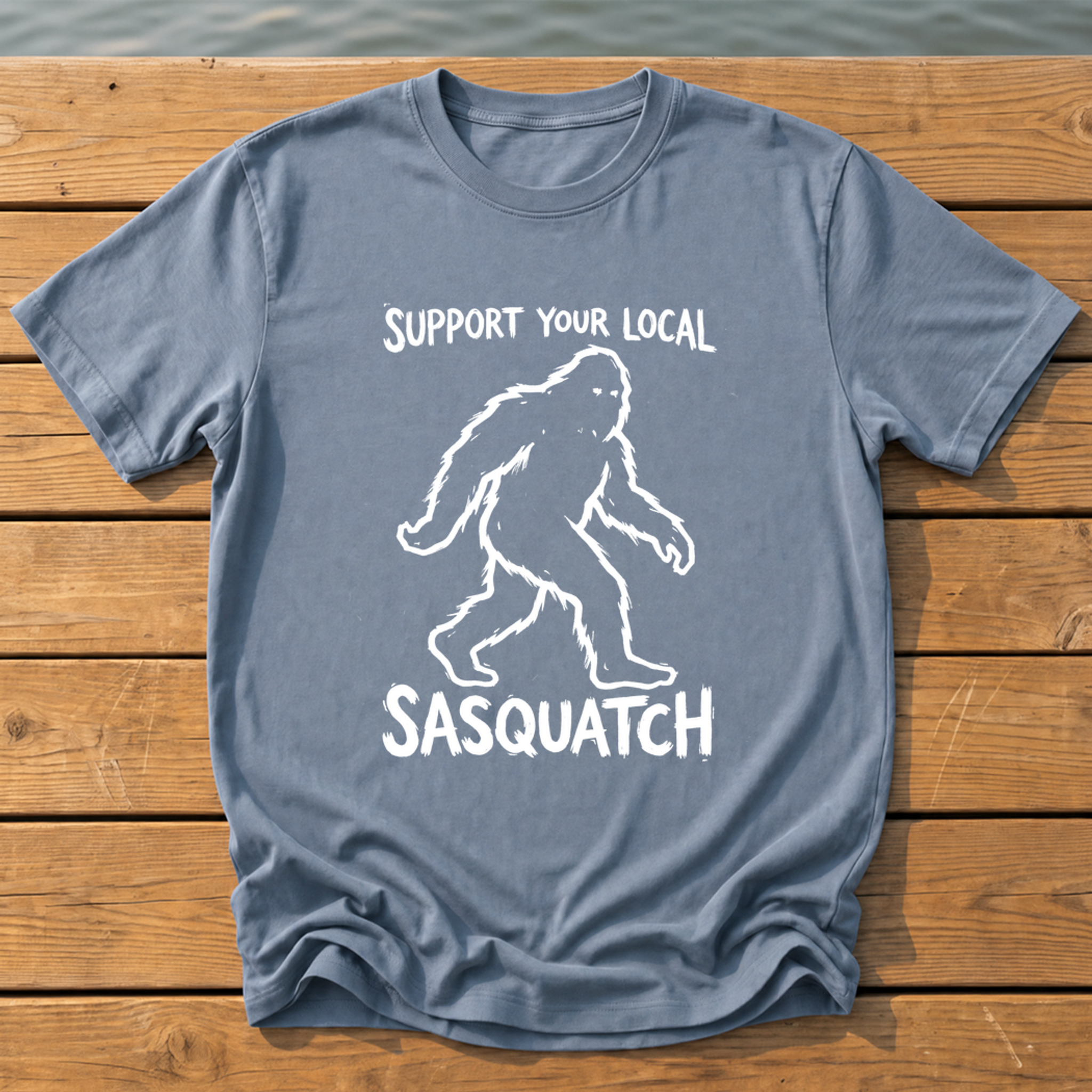 support your local sasquatch outline_rough brush linocut_nano banana pro 0 T-Shirt — Blue Jean
