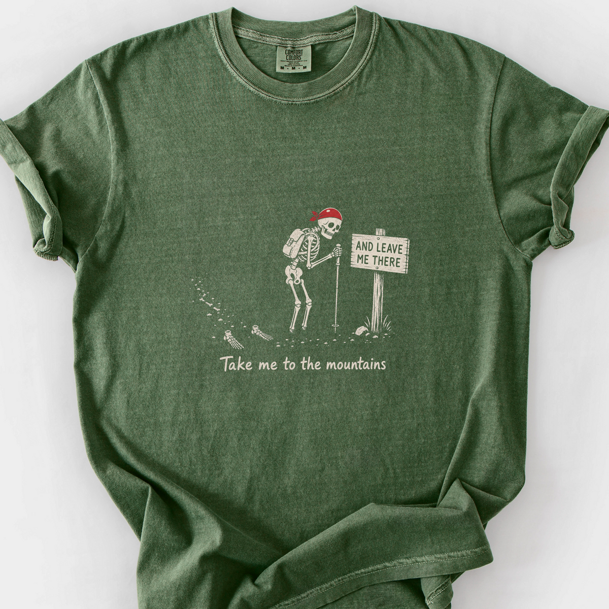 Take Me To The Mountains Skeleton T-Shirt — Moss