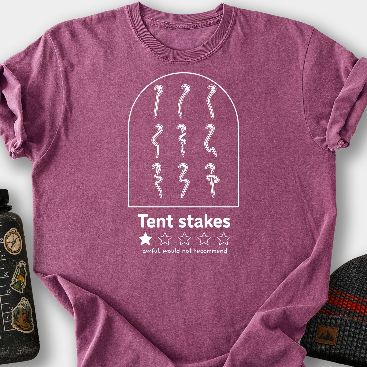 Tent Stake Review Arched Frame T-Shirt — Berry