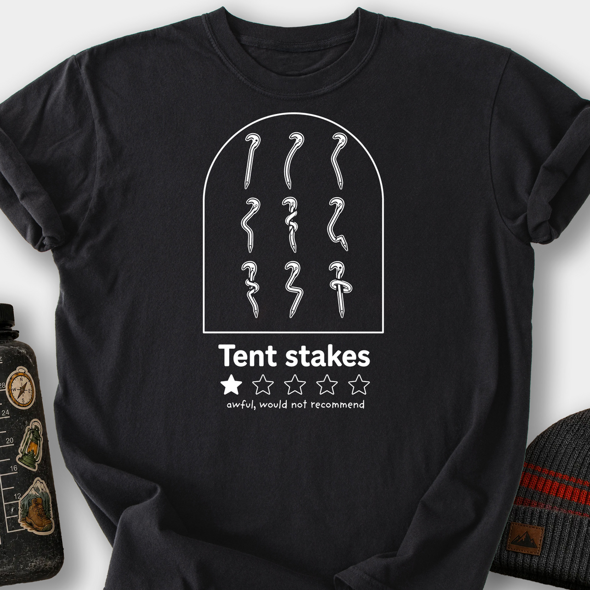 Tent Stake Review Arched Frame T-Shirt — Black