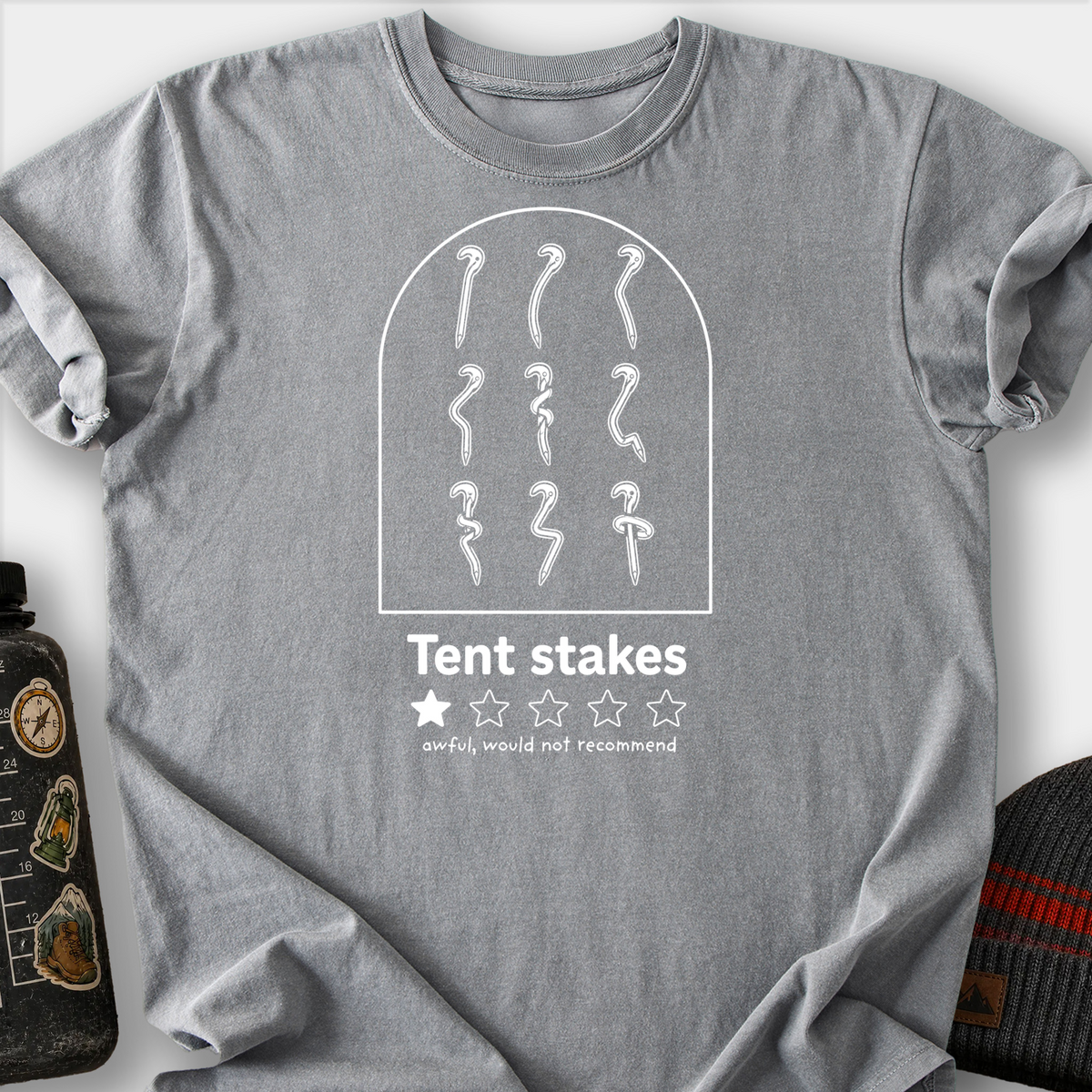 Tent Stake Review Arched Frame T-Shirt — Grey