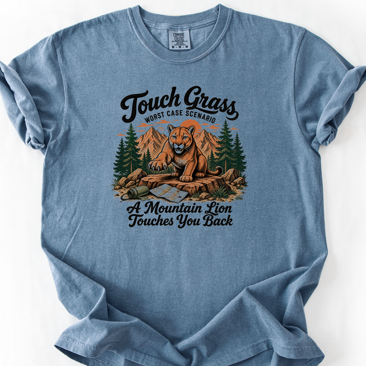 Touch Grass Mountain Lion T-Shirt — Blue Jean