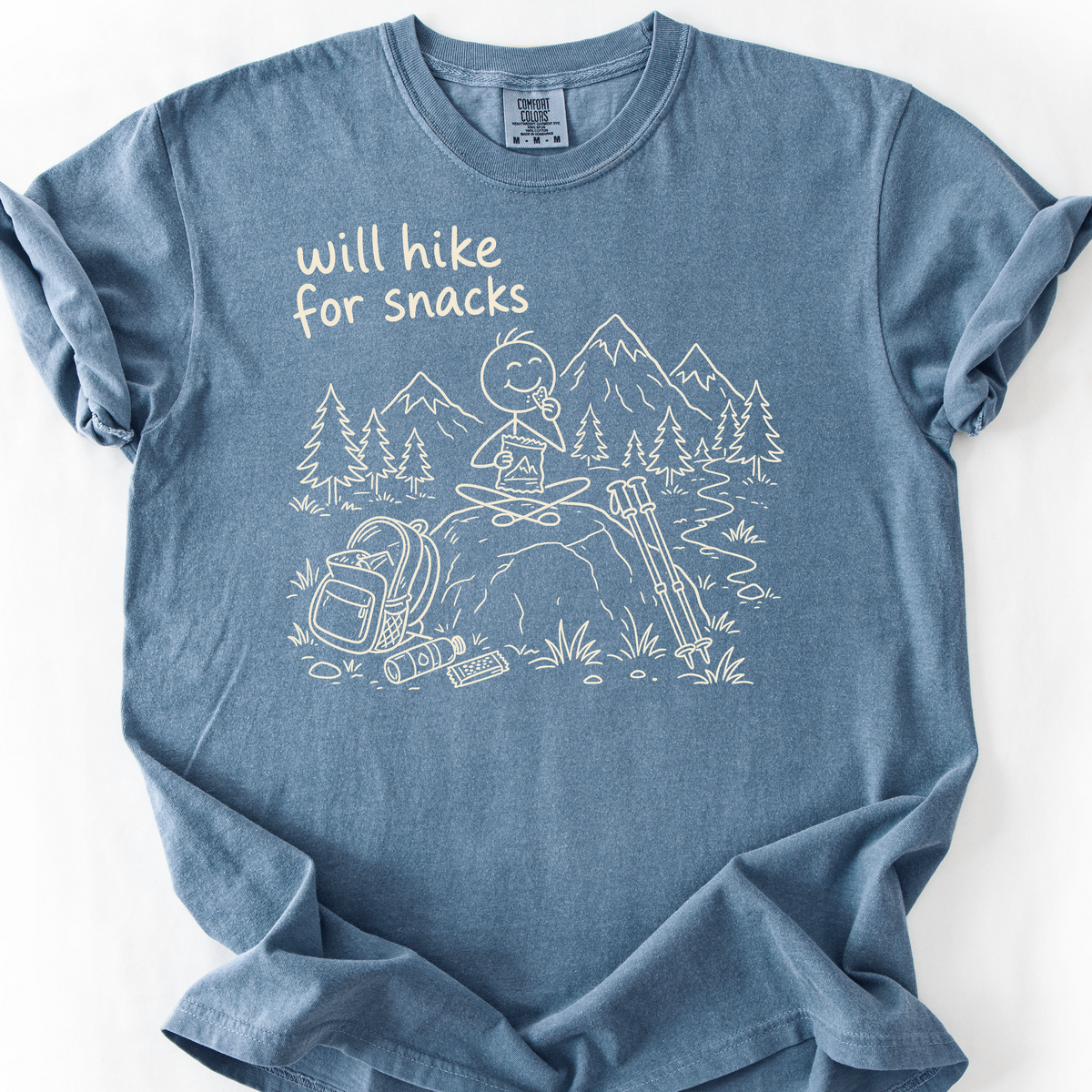 Will Hike For Snacks T-Shirt — Blue Jean