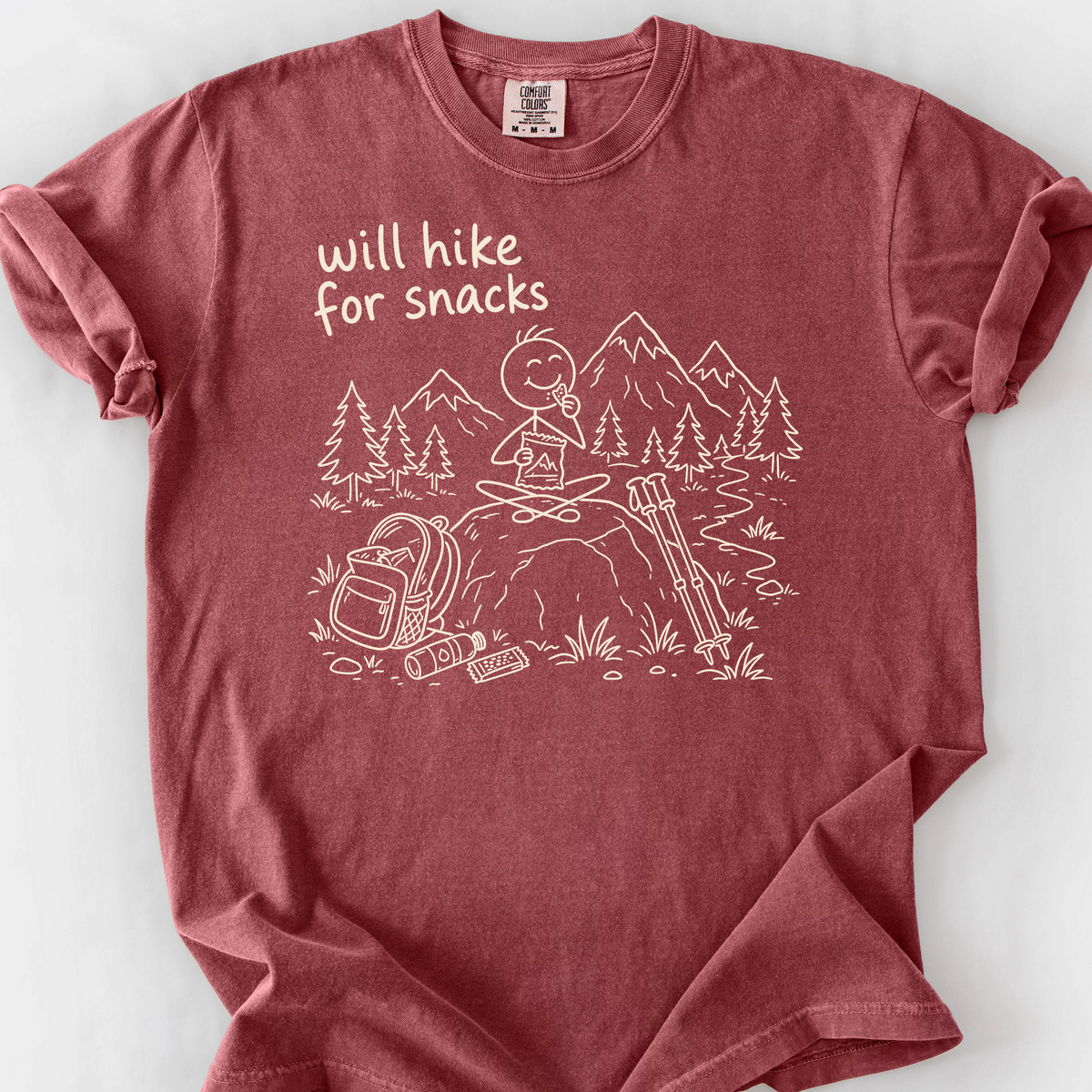 Will Hike For Snacks T-Shirt — Brick