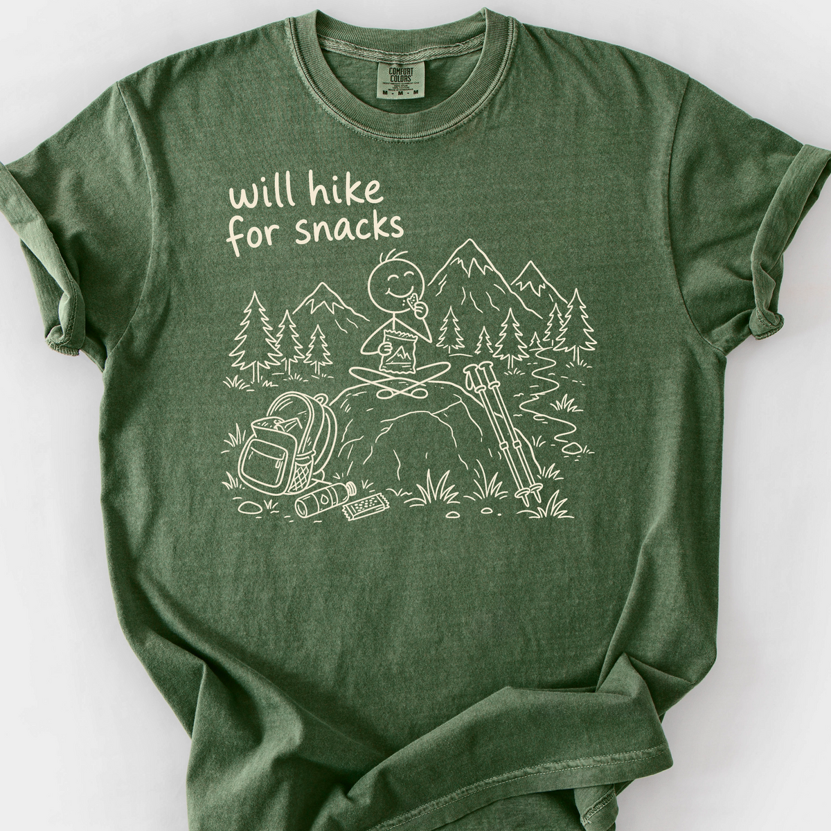 Will Hike For Snacks T-Shirt — Moss