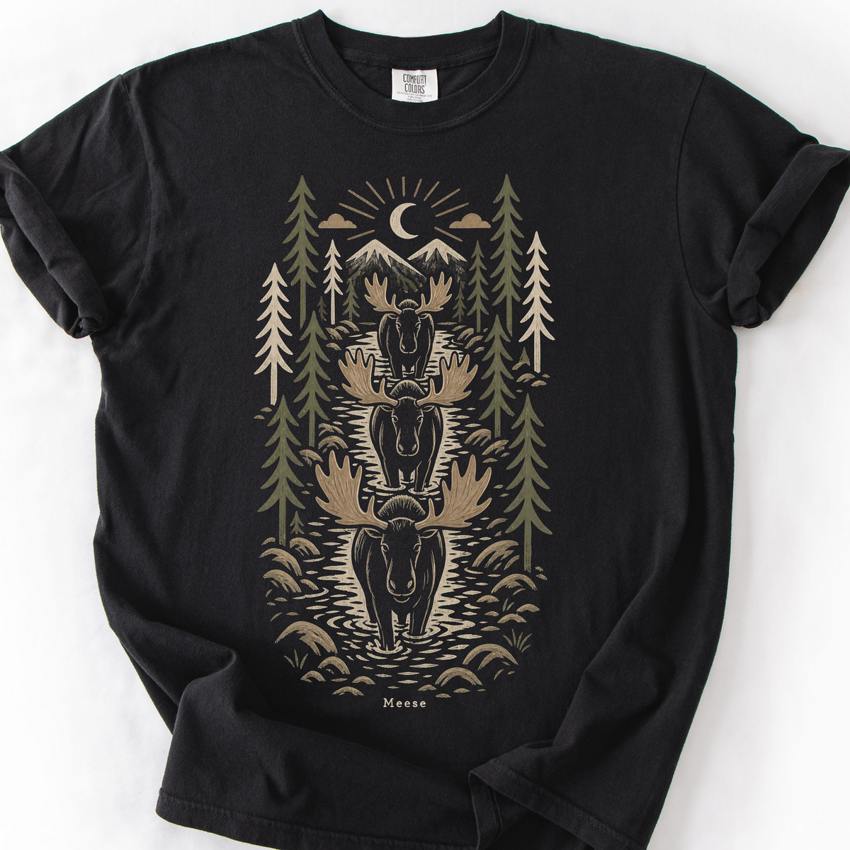 Woodcut Meese River Crossing T-Shirt — Black