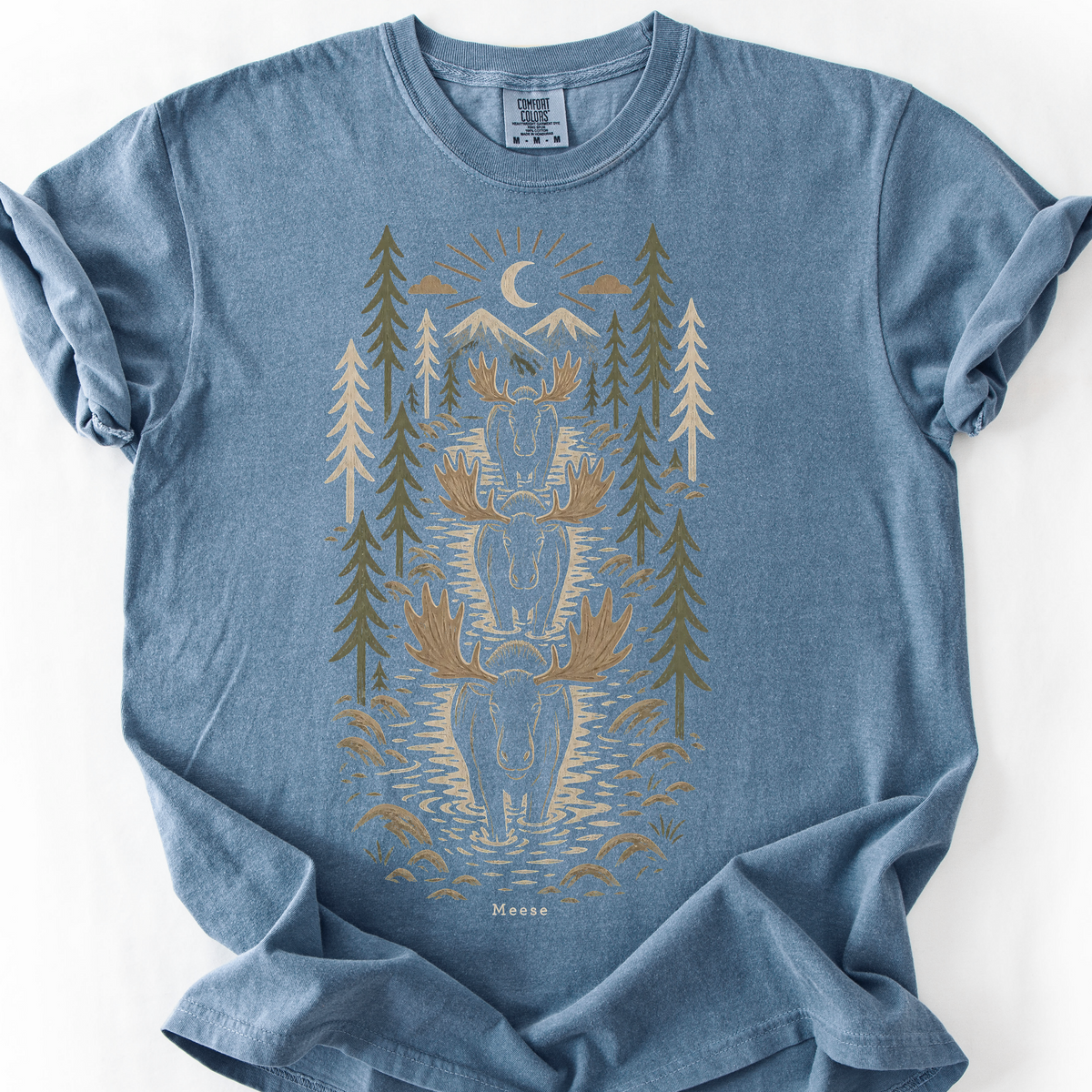 Woodcut Meese River Crossing T-Shirt — Blue Jean