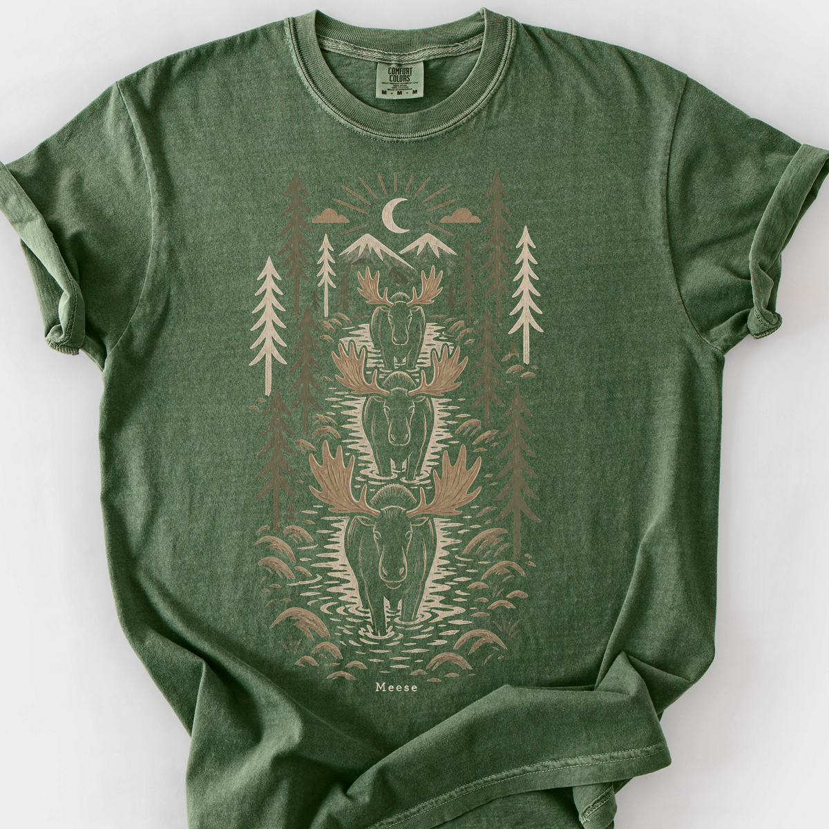 Woodcut Meese River Crossing T-Shirt — Moss