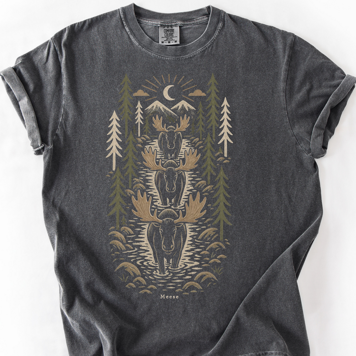 Woodcut Meese River Crossing T-Shirt — Pepper