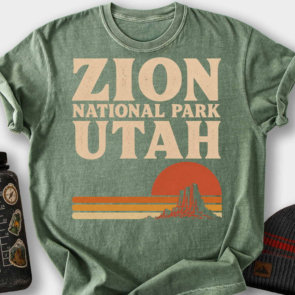 Zion National Park Retro Sunset T-Shirt — Moss